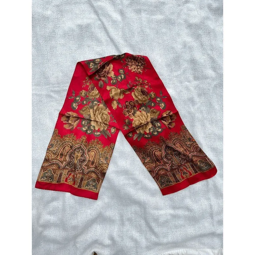 Lauren Ralph Lauren Silk Paisley Floral Scarf Red Equestrian Old Money